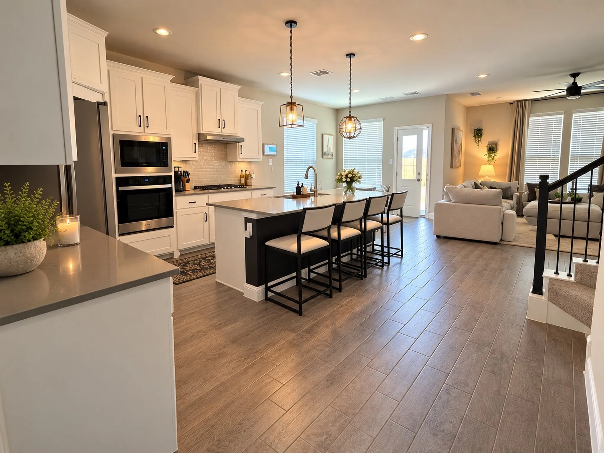 Open-concept kitchen and living area featuring wood-finish flooring, white cabinetry, integrated stainless steel appliances, and a central island with pendant lighting