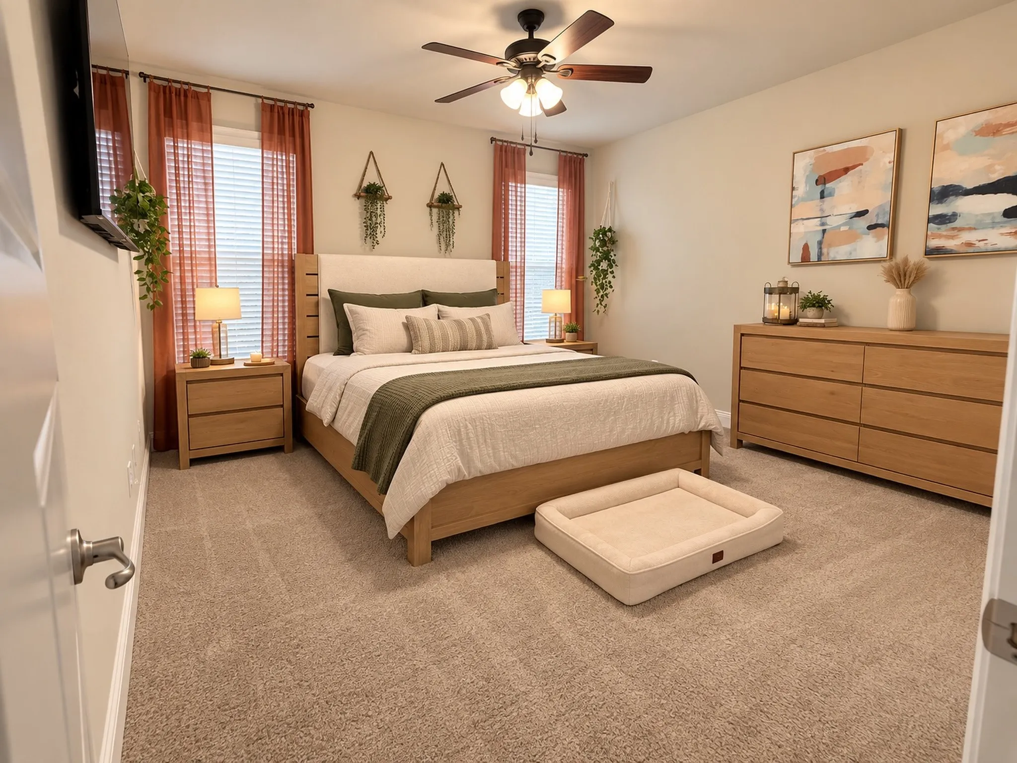 Neutral wall paint, ceiling fan with integrated lighting, carpeted flooring, and window blinds