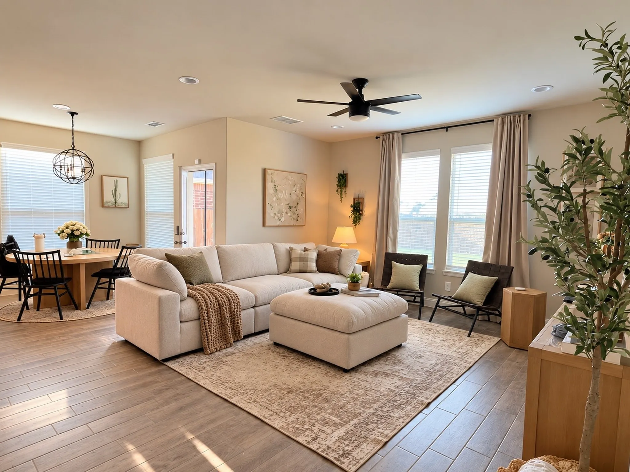 Open-concept living space with wood-finish flooring, recessed lighting, and a modern ceiling fan