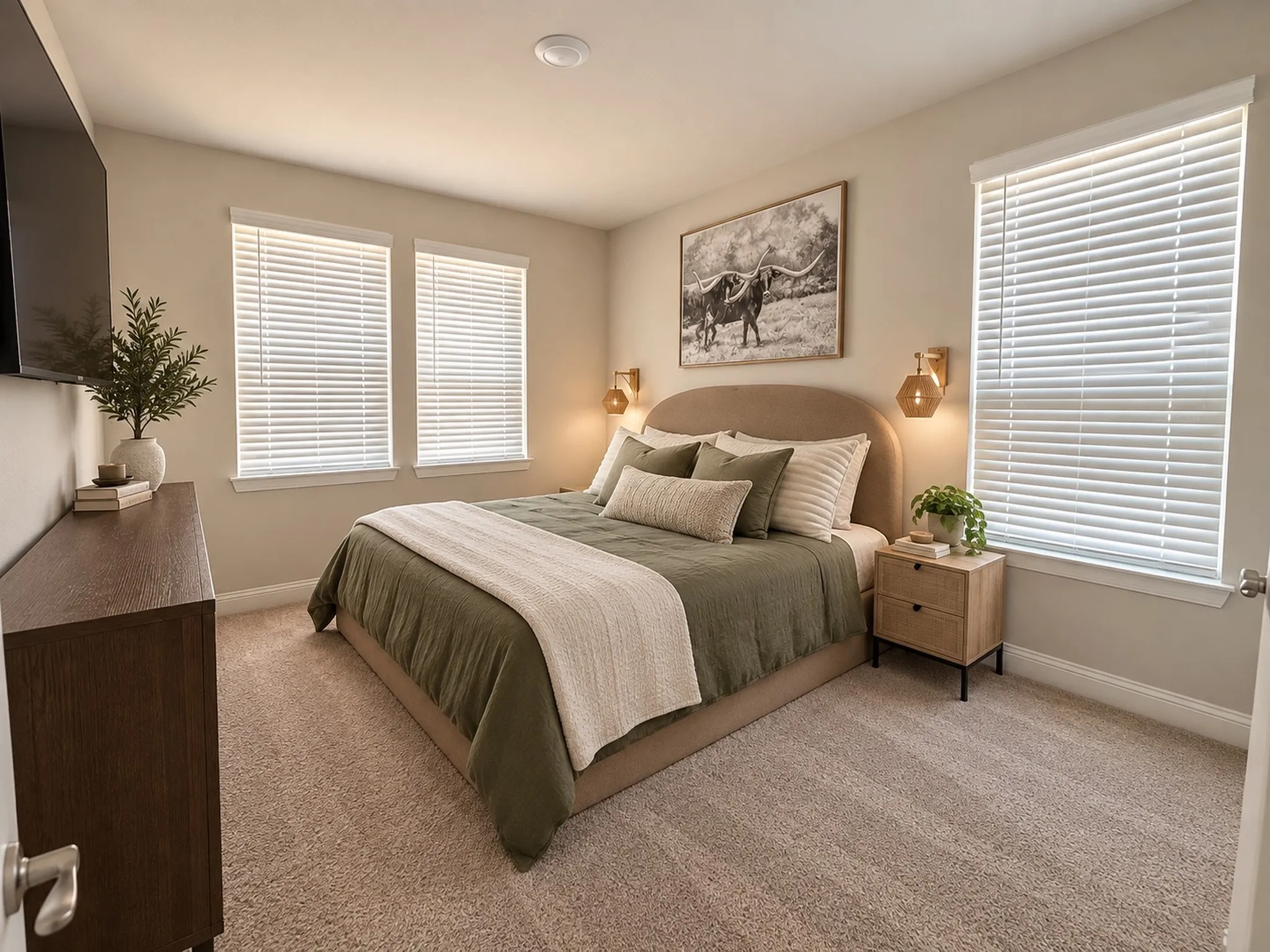Plush carpet flooring, recessed ceiling lighting, two windows with blinds, and two wall-mounted light fixtures