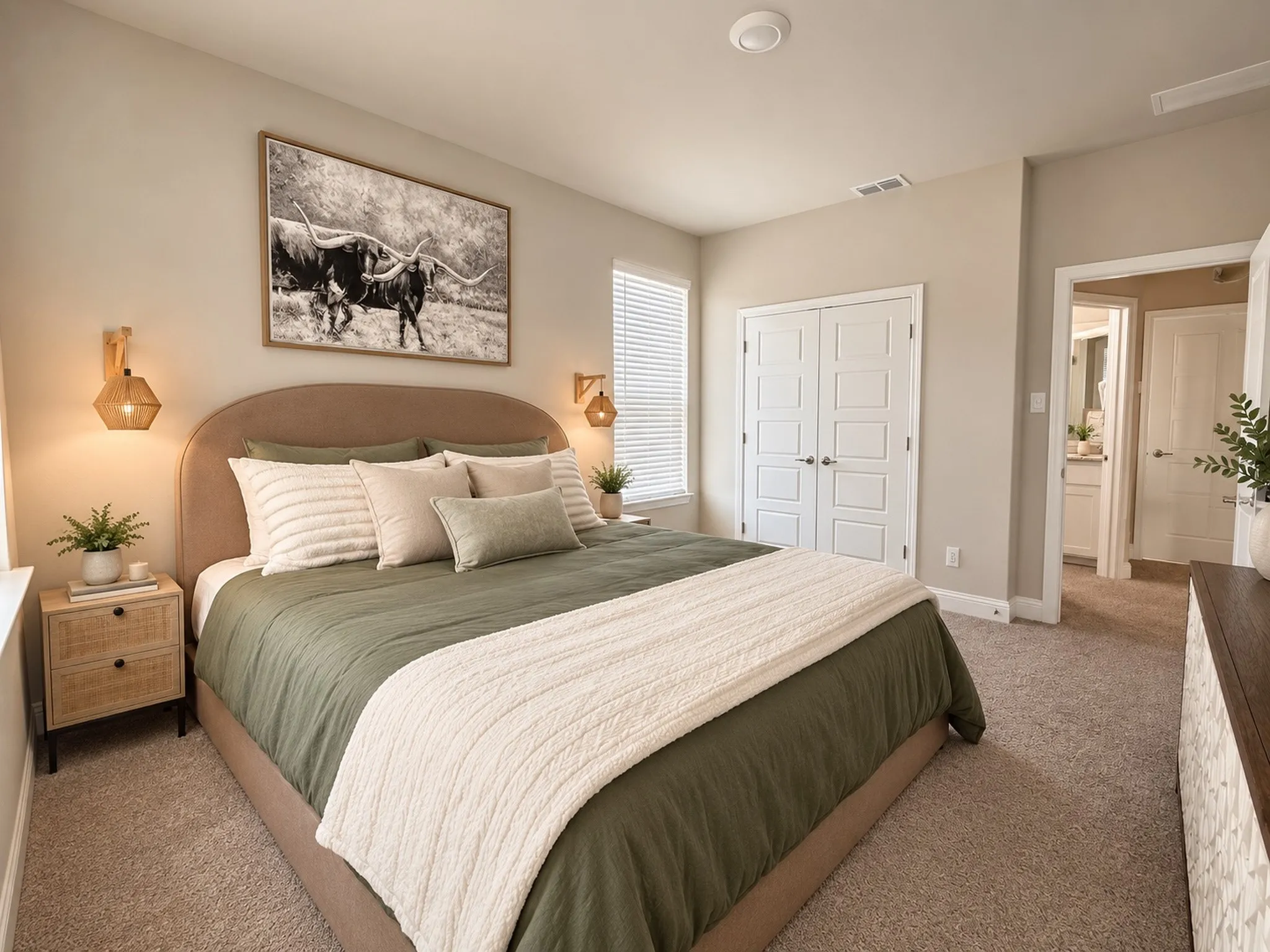 Plush carpet flooring, neutral wall tones, recessed ceiling lighting, and panel-style double doors