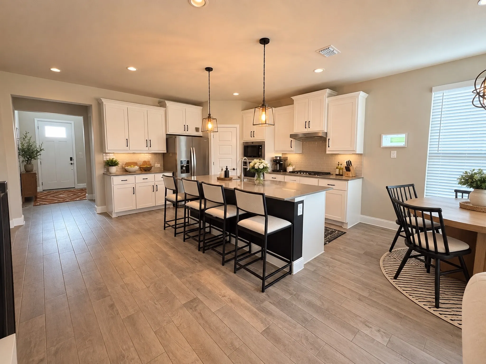 Open-concept kitchen featuring white cabinetry, a large kitchen island with dark base, stainless steel appliances, and light wood-finish flooring