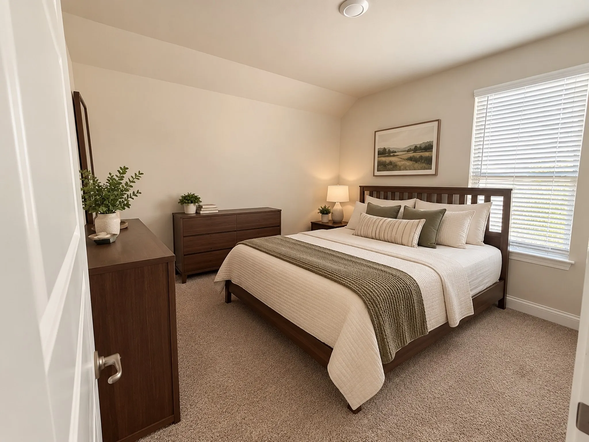 Soft carpet flooring, recessed ceiling light, window with horizontal blinds, and a white interior door