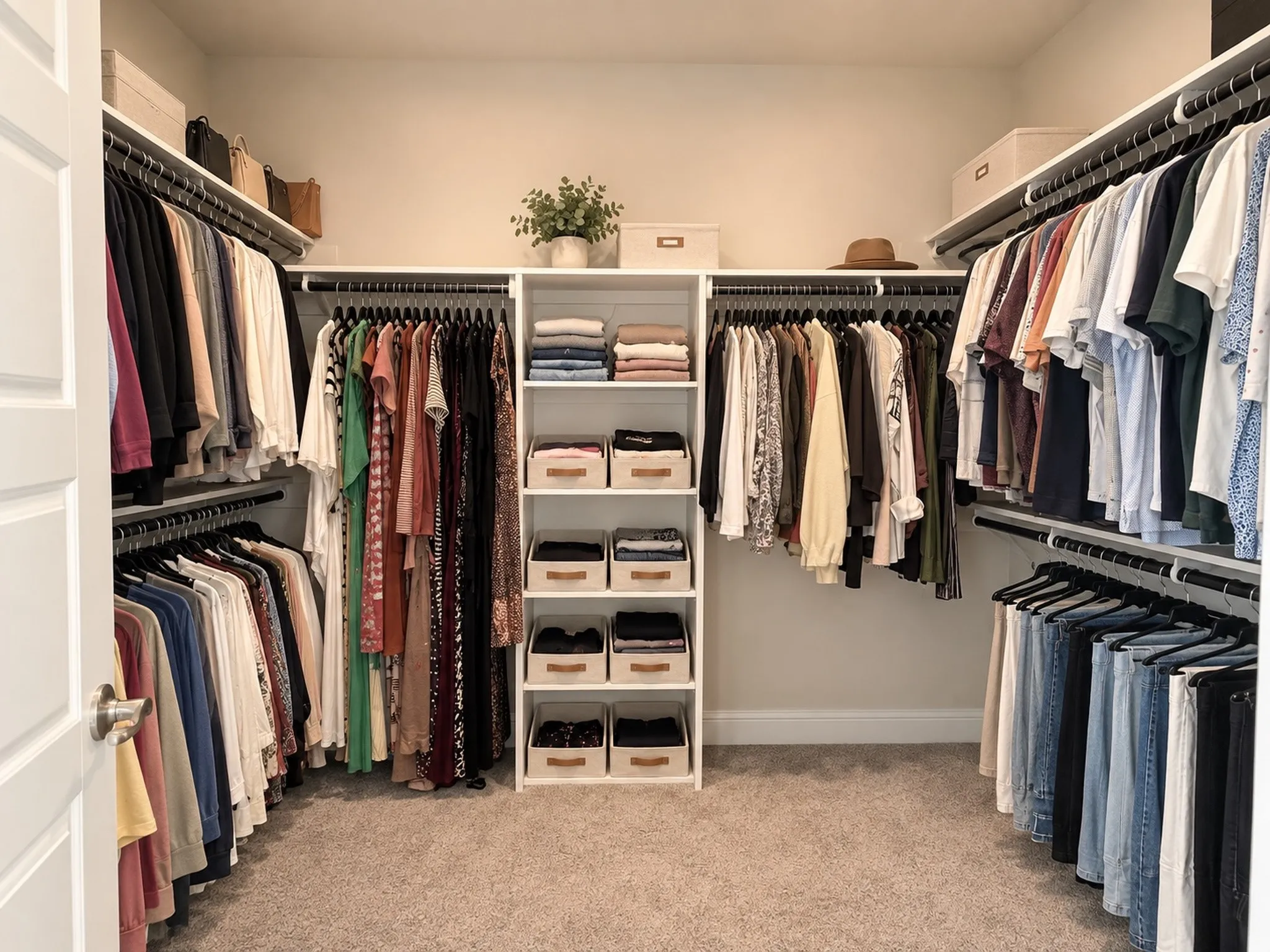 Expansive closet featuring built-in shelving, multiple hanging rods, durable carpeting, and white trim