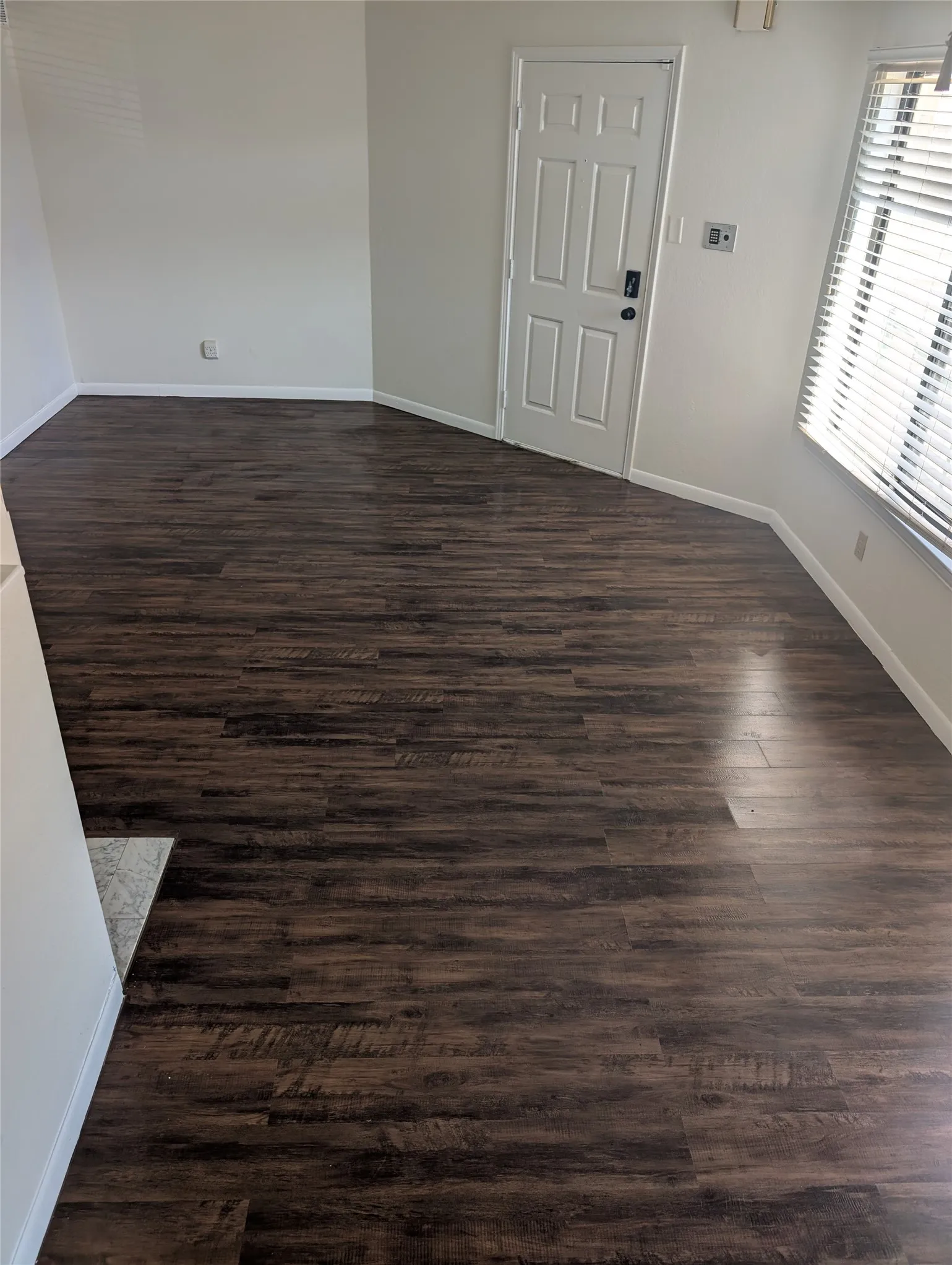 Wood-finish flooring throughout, white paneled door, and window with horizontal blinds