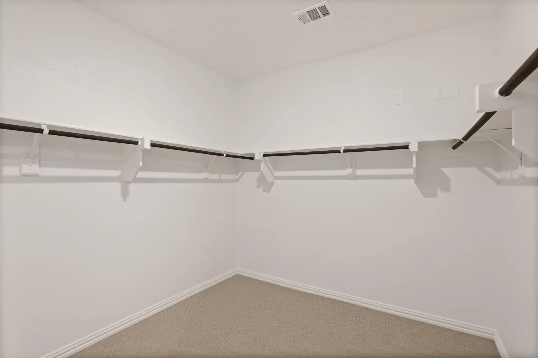 Carpeted flooring with white wall finishes and built-in closet shelving