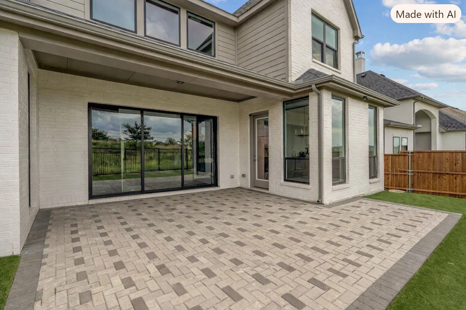 Expansive paver patio with a contrasting border, featuring a covered outdoor area and large sliding glass doors
