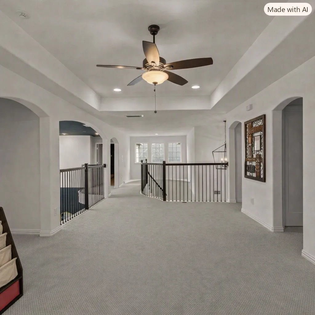 Recessed lighting, ceiling fan with integrated light, arched doorways, light gray patterned carpeting, and dark finish stair railings