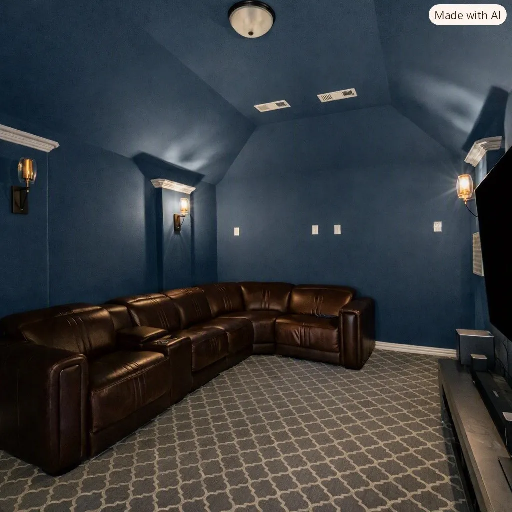 Vaulted ceiling with flush-mount lighting, wall sconces, accent trim, and patterned carpeting