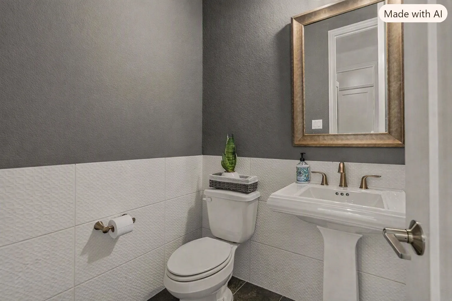 Pedestal sink with brass-finish faucet, framed mirror, and textured wall finish