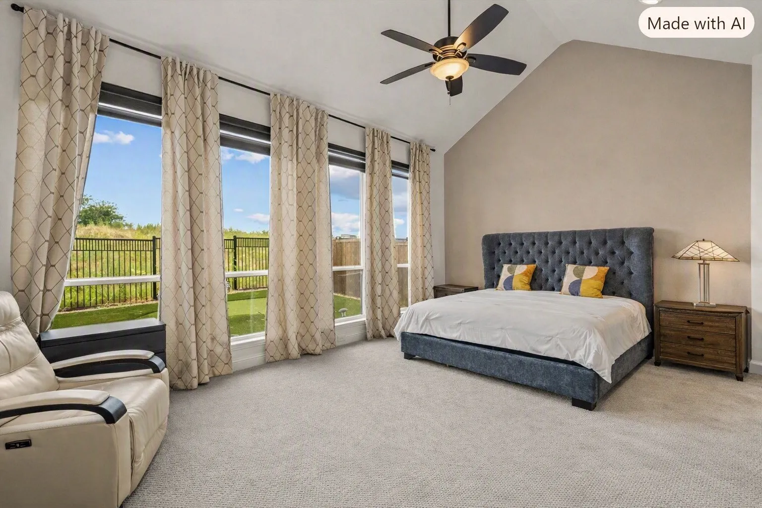 Vaulted ceiling, multiple tall windows, carpet flooring, ceiling fan with integrated lighting, and a fenced exterior