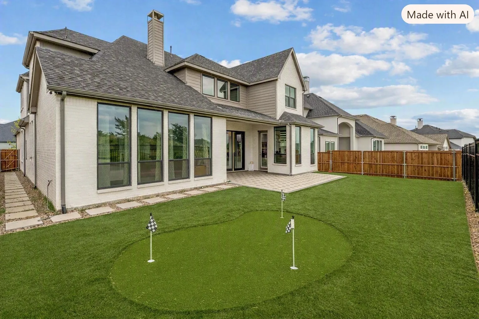 Expansive rear yard with a putting green, paver patio, stone stepping-stone pathway, white brick exterior, and large pane windows
