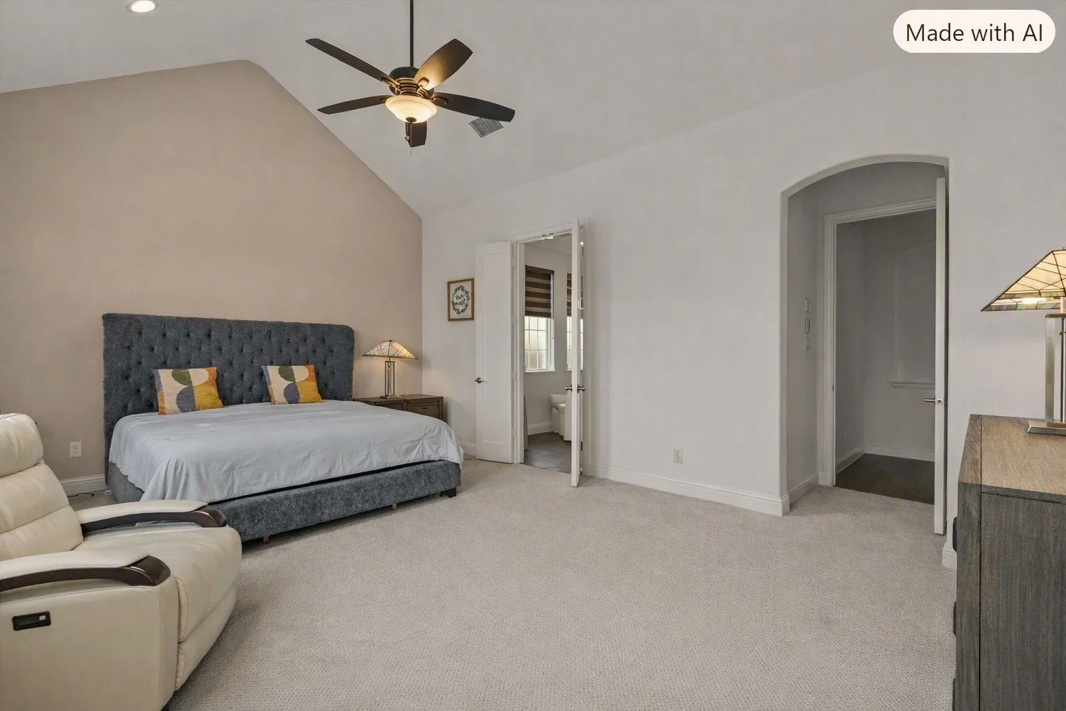 Vaulted ceiling, ceiling fan with integrated lighting, neutral carpet flooring, arched doorway, and a dual-door entry