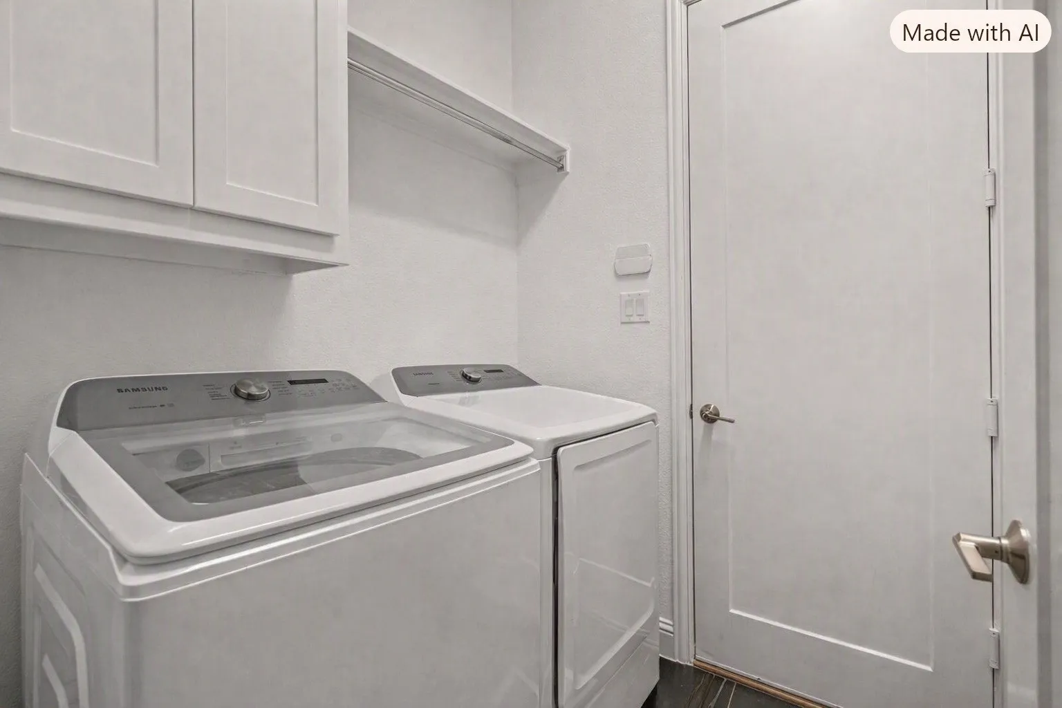 White cabinetry with brushed nickel hardware, a built-in hanging rod, and dark wood-finish flooring