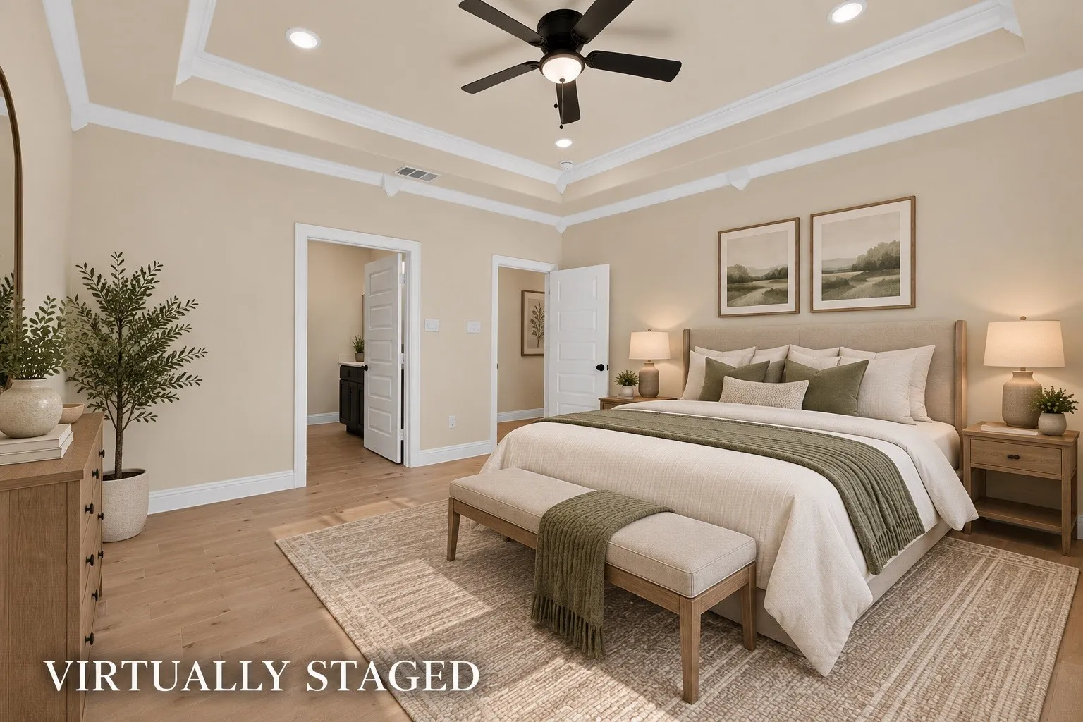Tray ceiling with crown molding and recessed lighting
