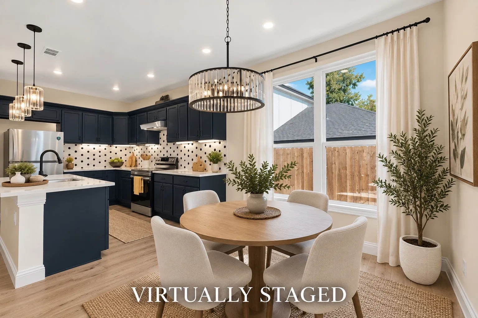 Kitchen featuring dark cabinetry, stainless steel appliances, a patterned backsplash, and wood-finish flooring
