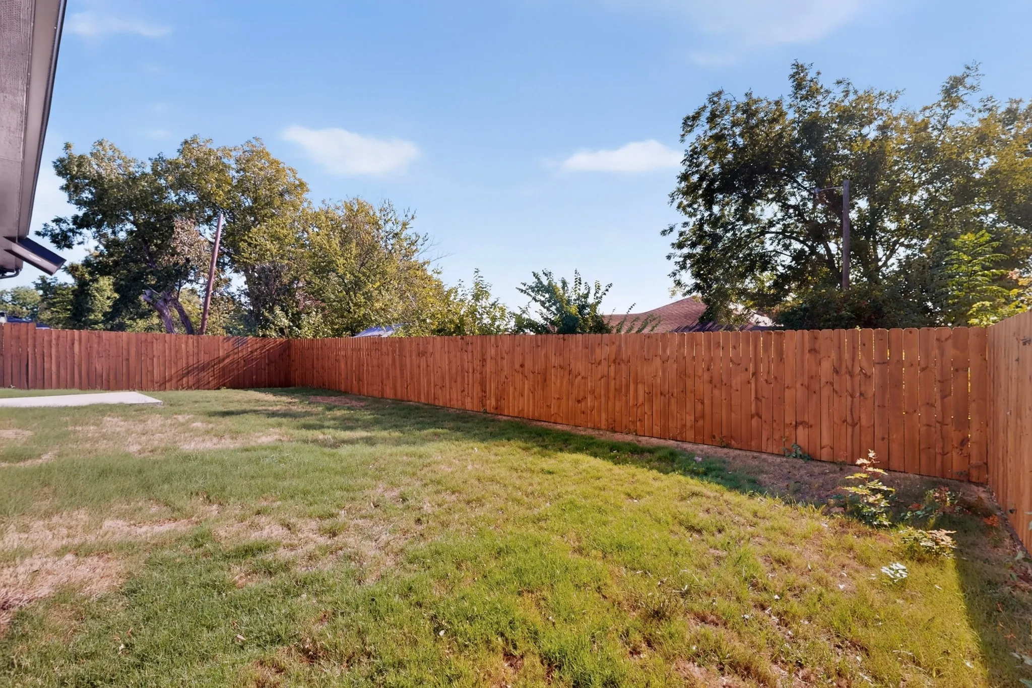 Expansive backyard with a wood privacy fence and a concrete patio slab