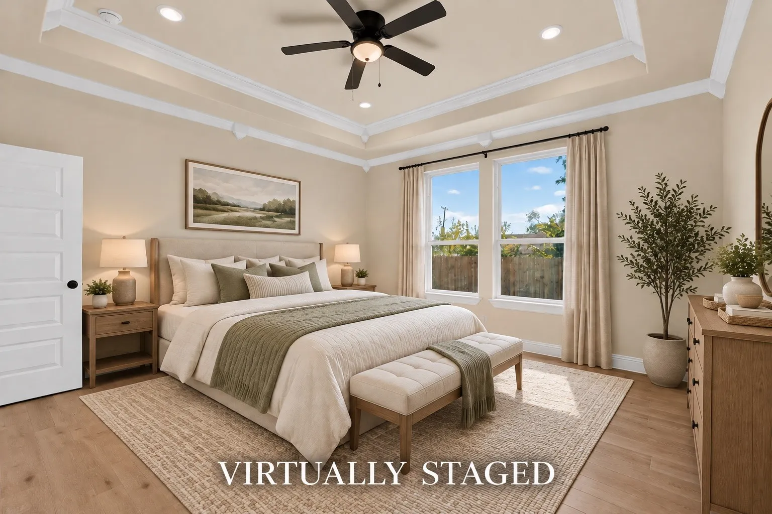 Tray ceiling with crown molding, recessed lighting, ceiling fan, wood-finish flooring, and natural light from expansive windows