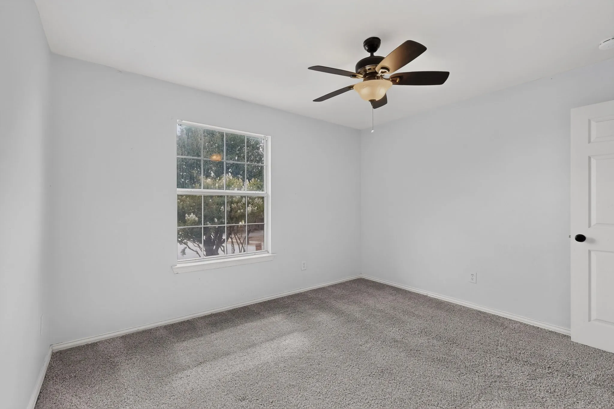 Grey carpeted flooring, white painted walls, a window with white framing, and a ceiling fan with light fixture