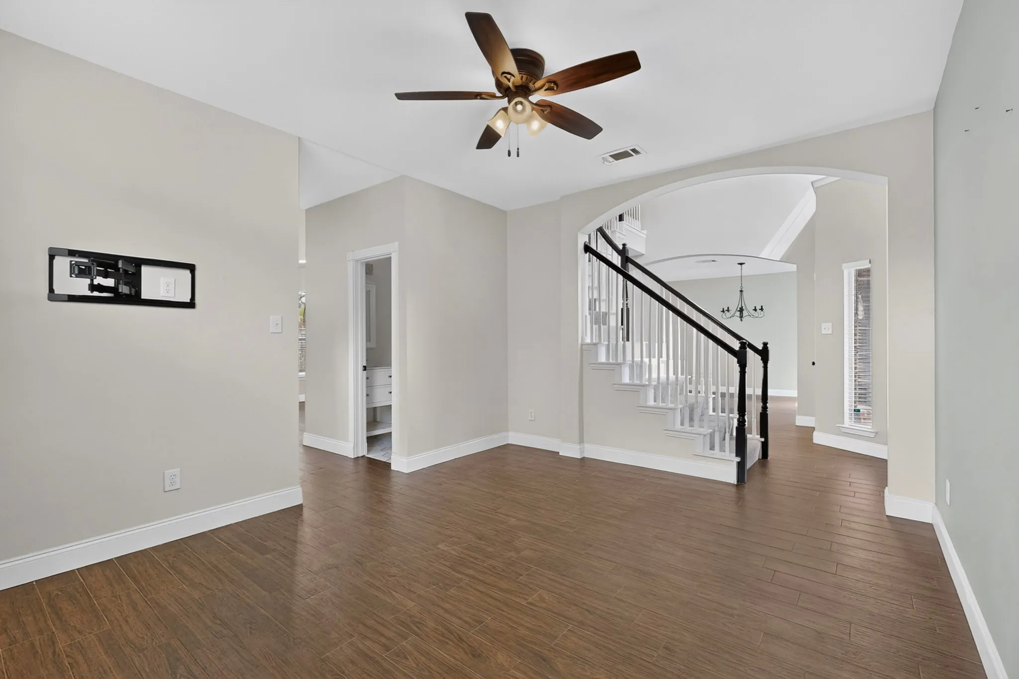 Wood-finish flooring with white trim