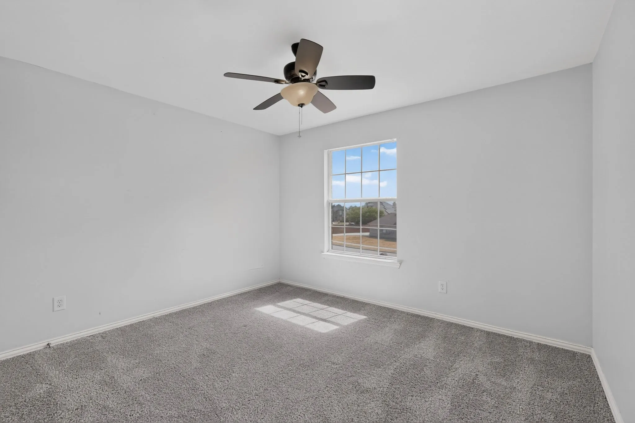 Room featuring a ceiling fan with light fixture, single window, and neutral carpeting