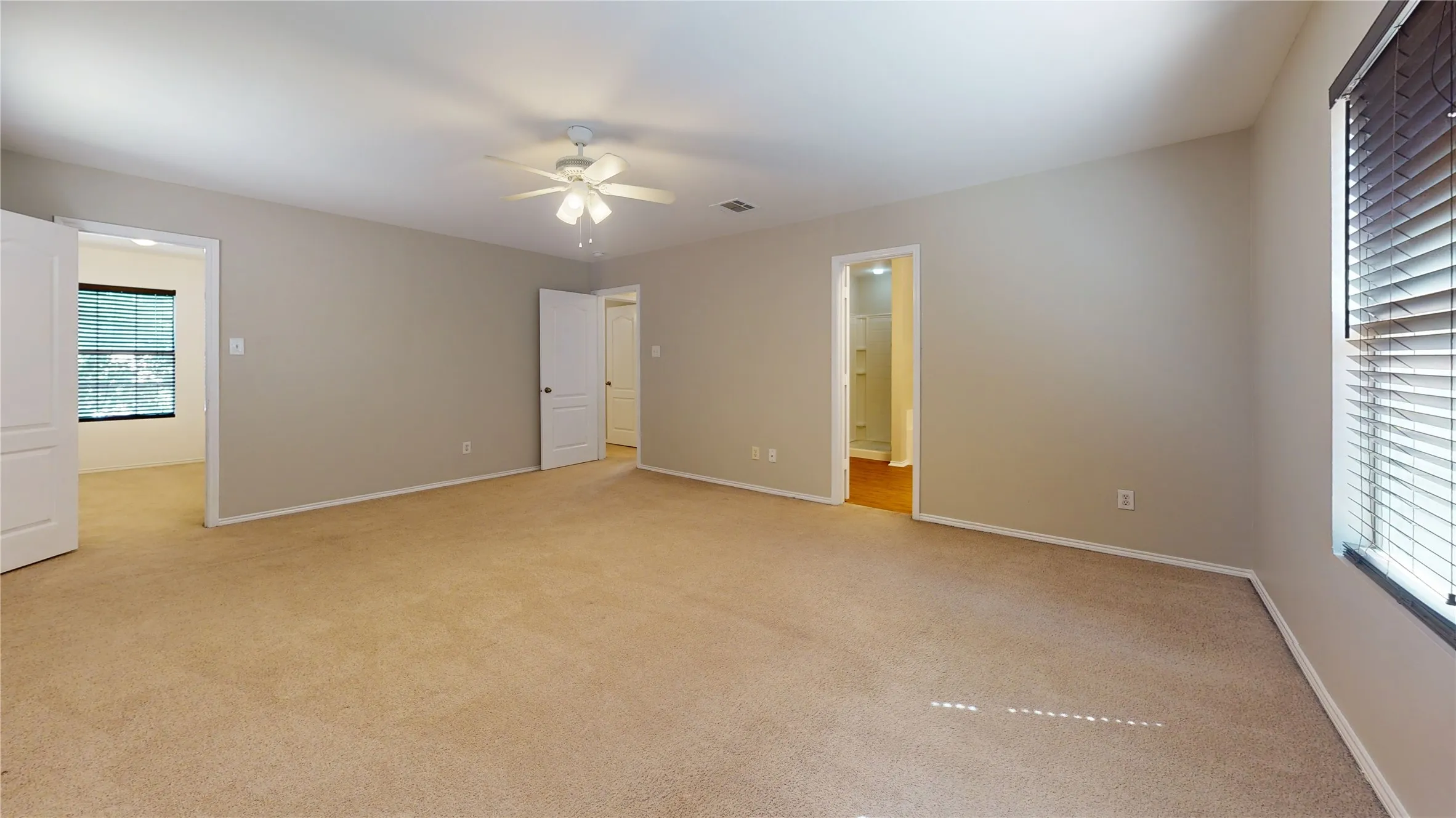 Neutral tone wall paint with a ceiling fan, carpeted flooring, and window blinds