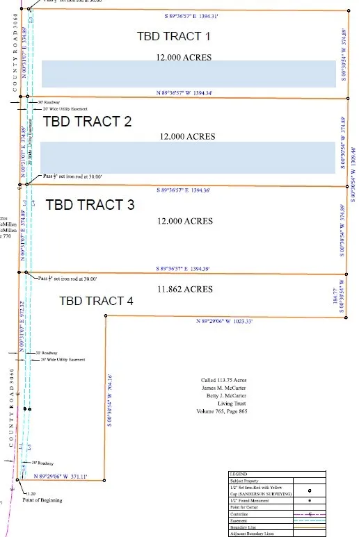 Survey Plat. Illustrating the division of the property into four tracts with associated acreage and boundary dimensions