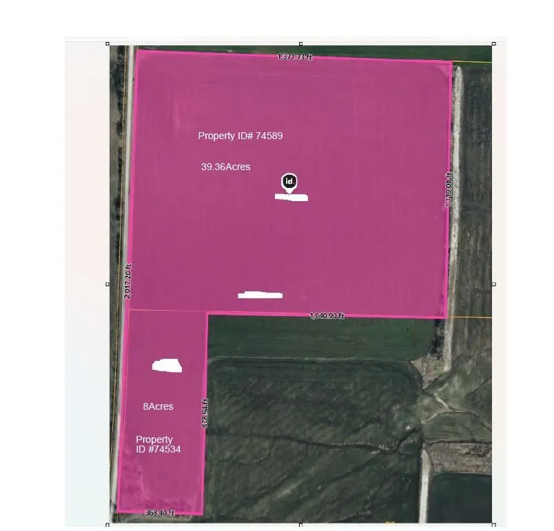 Property Map. Displaying two distinct parcels with their respective acreage, property IDs, and boundary dimensions
