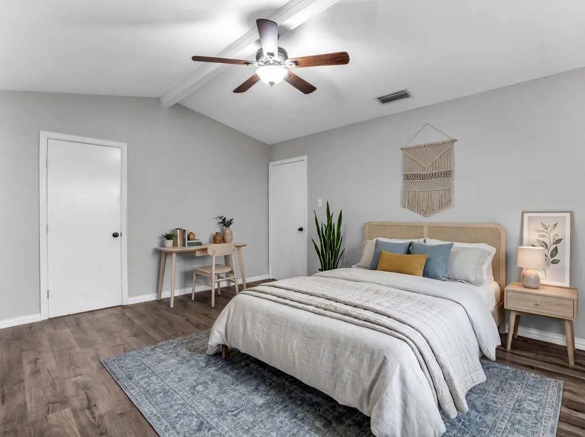 VT staging- Wood-finish flooring, vaulted ceiling with exposed beam, ceiling fan, and painted interior doors