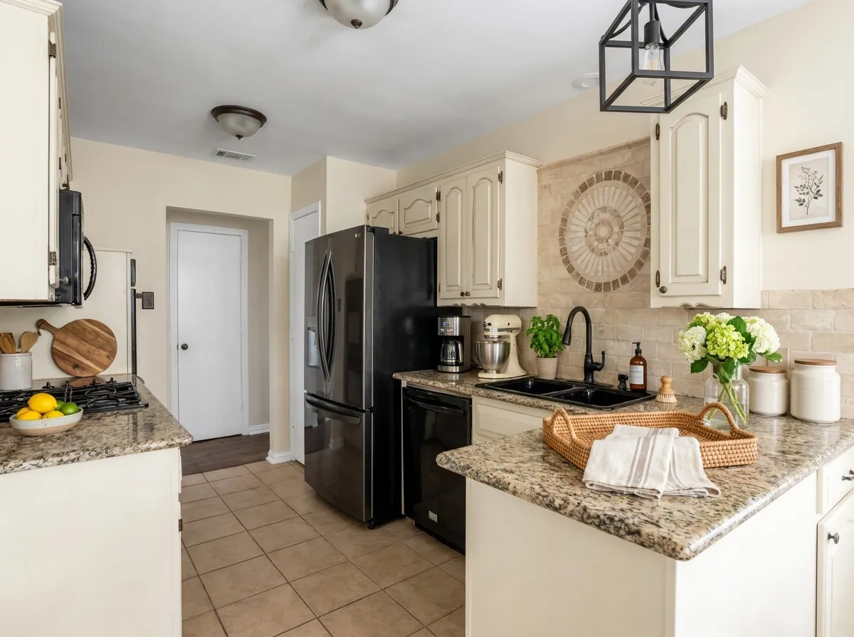 VT staging- Kitchen featuring granite countertops, a tile backsplash with a medallion accent, painted cabinetry, a black sink with a matte black faucet, and tile flooring