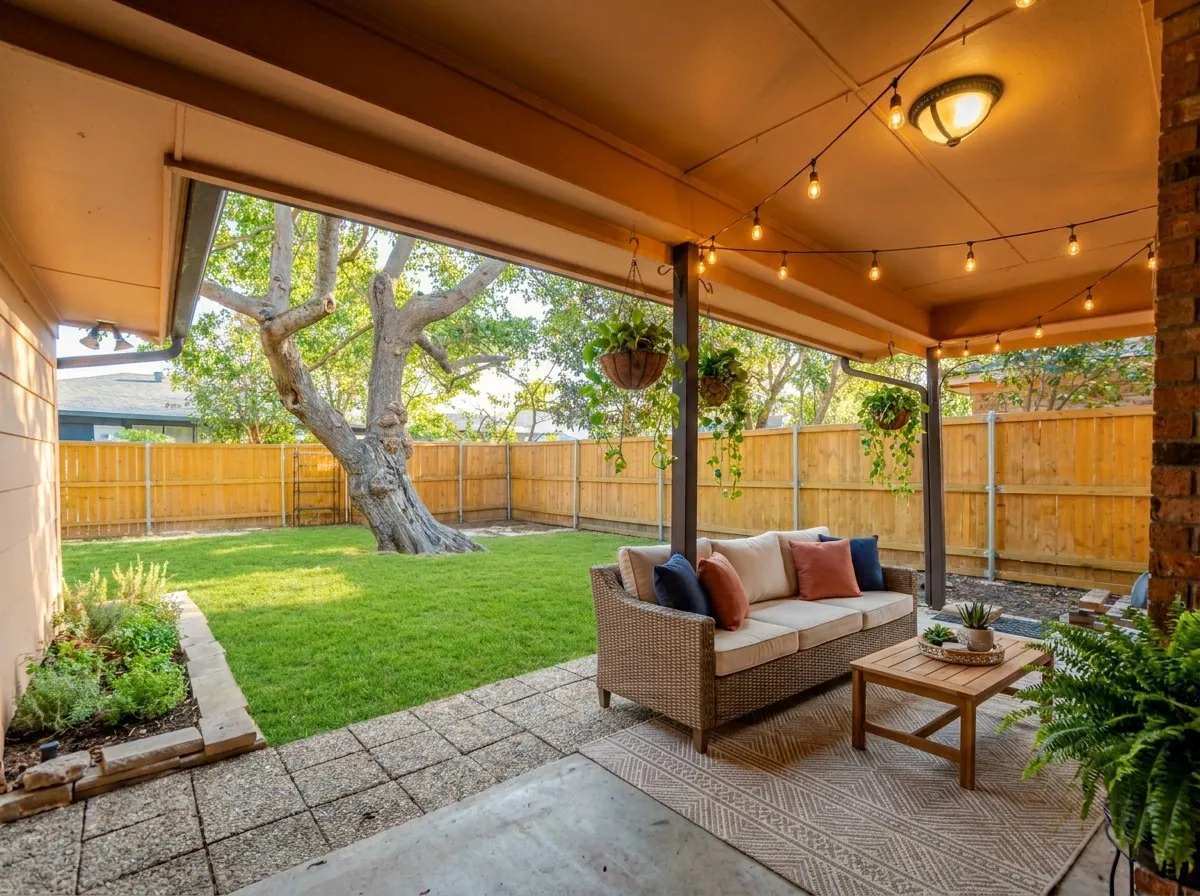 VT staging- Covered patio with string lights, brick column, and paver flooring