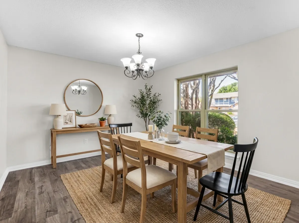 VT staging- Dining area featuring wood-finish flooring, a large window, and a chandelier