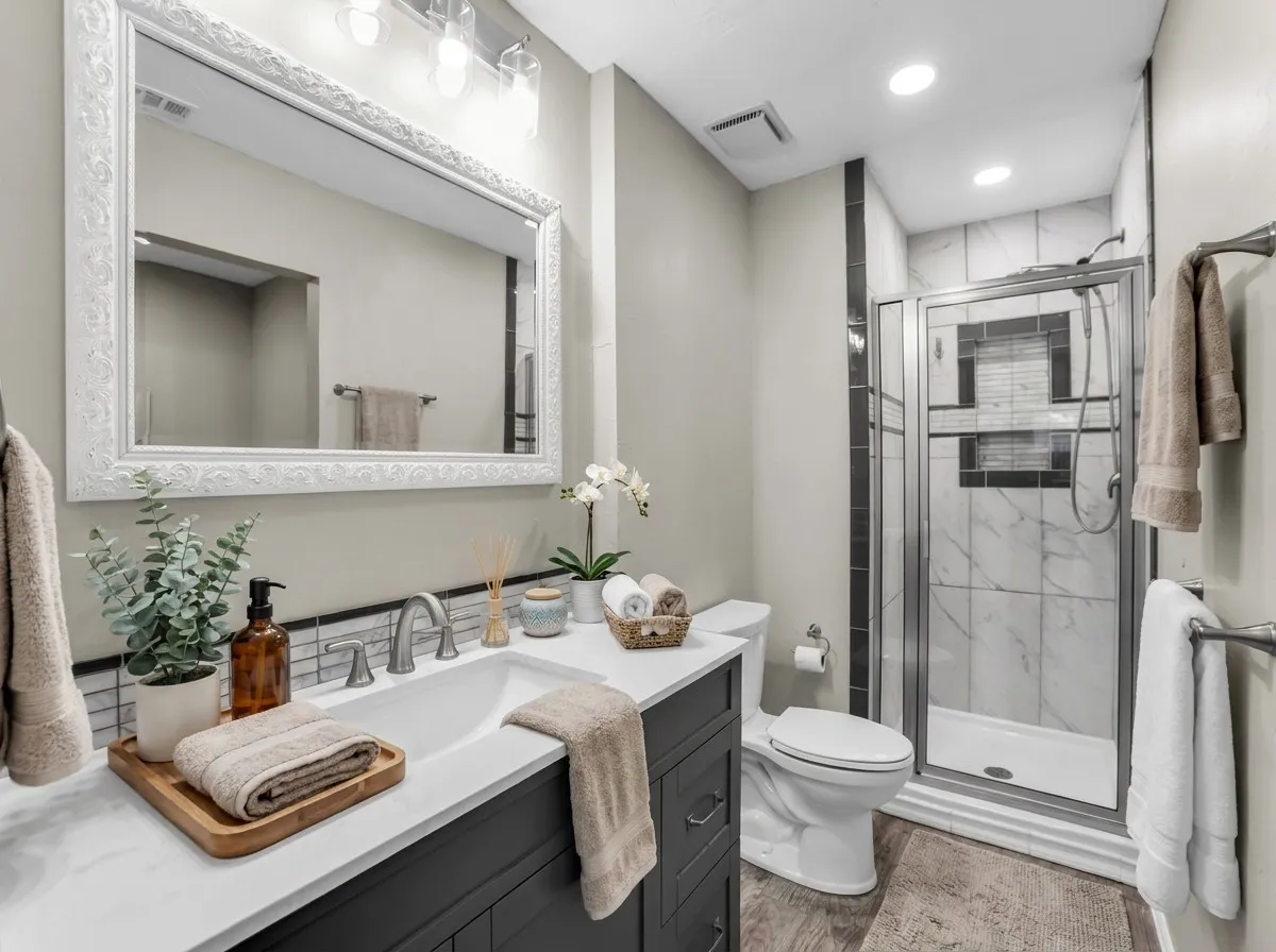 VT staging- Vanity with a rectangular undermount sink and stone countertop