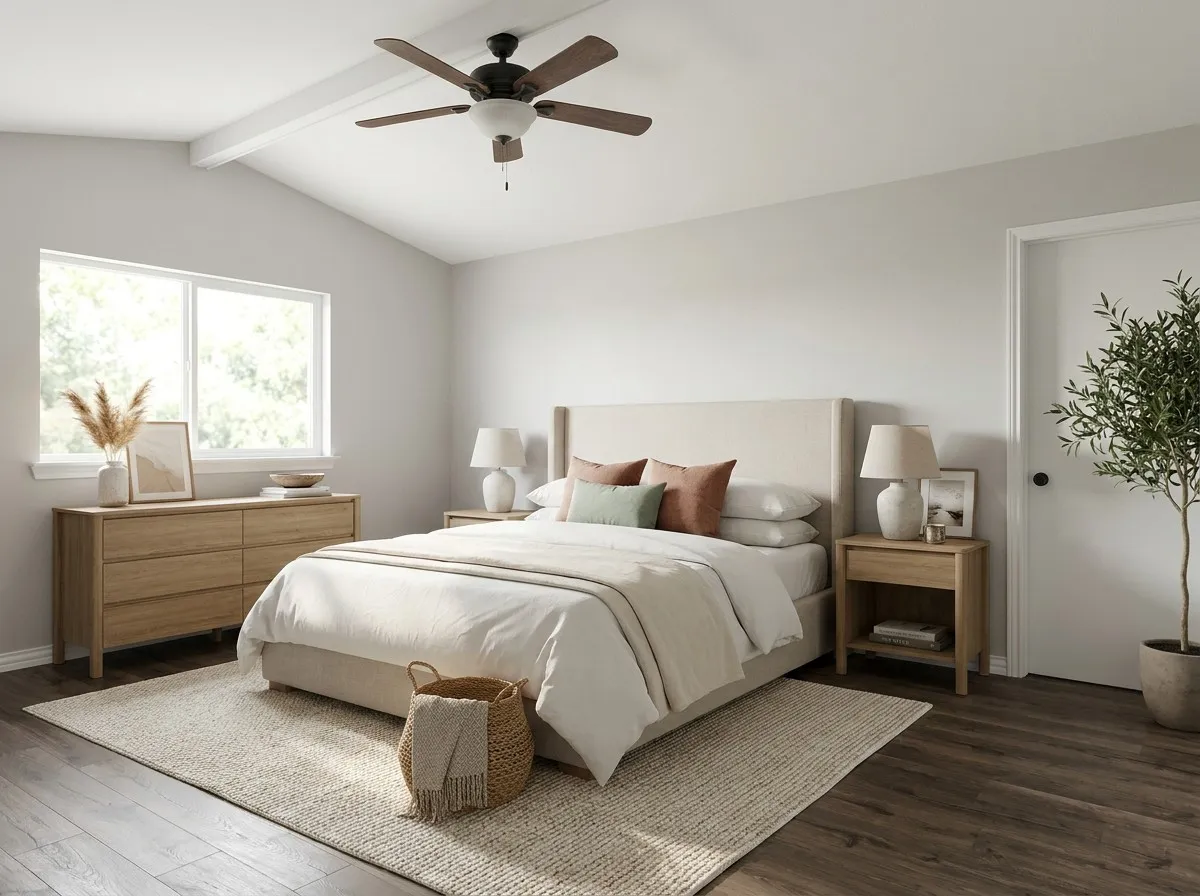 VT staging- Vaulted ceiling with exposed beam, wood-finish flooring, large window, ceiling fan with light, and light-toned walls