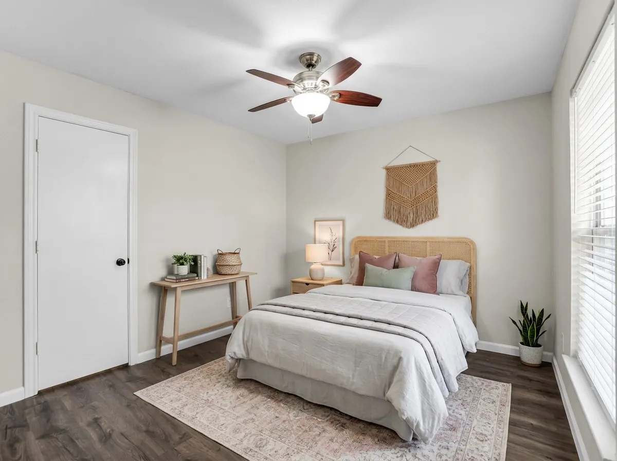 VT staging- Wood-finish flooring, white interior door with black hardware, ceiling fan with integrated lighting, and window with blinds