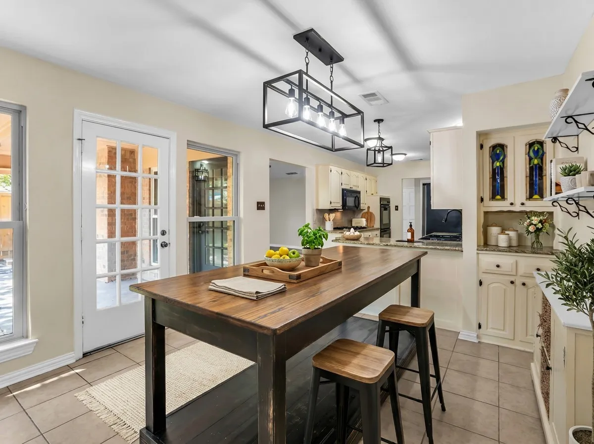 VT staging- Kitchen featuring a wood-finish island, tile flooring, white cabinetry, granite countertops, and black frame pendant lighting