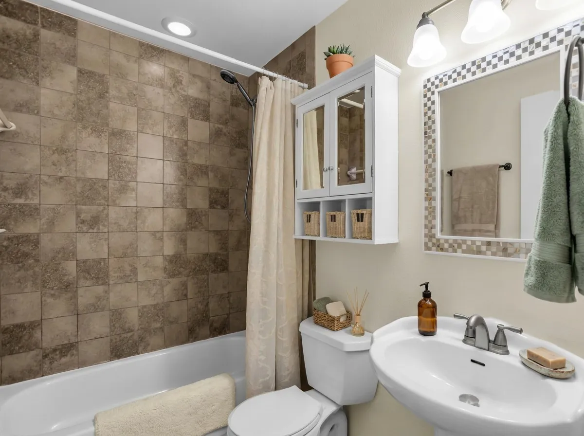 VT staging- Pedestal sink with dual-handle faucet, vanity mirror with mosaic tile frame, wall-mounted medicine cabinet, and a tiled shower surround with a white tub