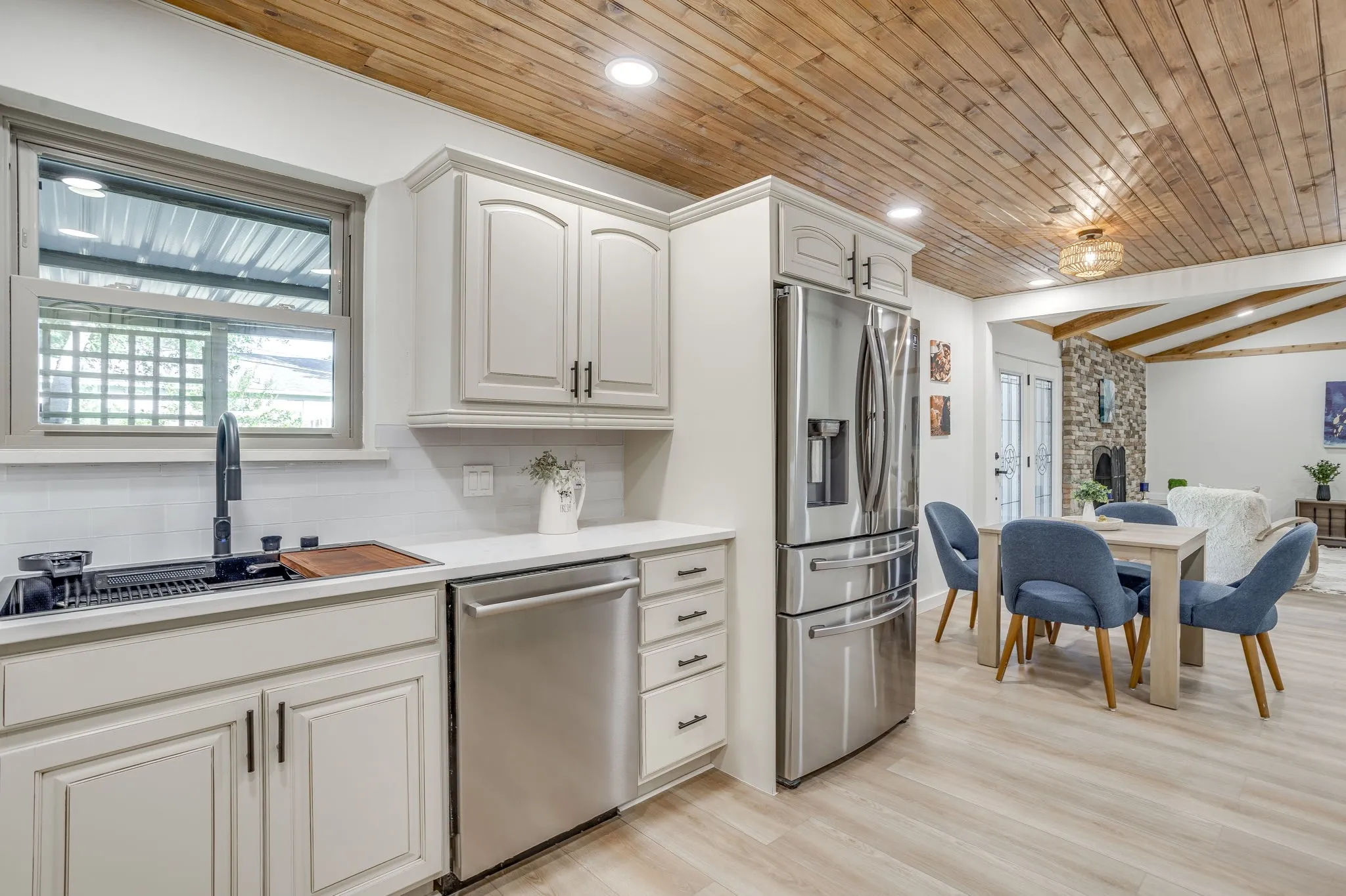 Wood-panel ceiling with recessed lighting