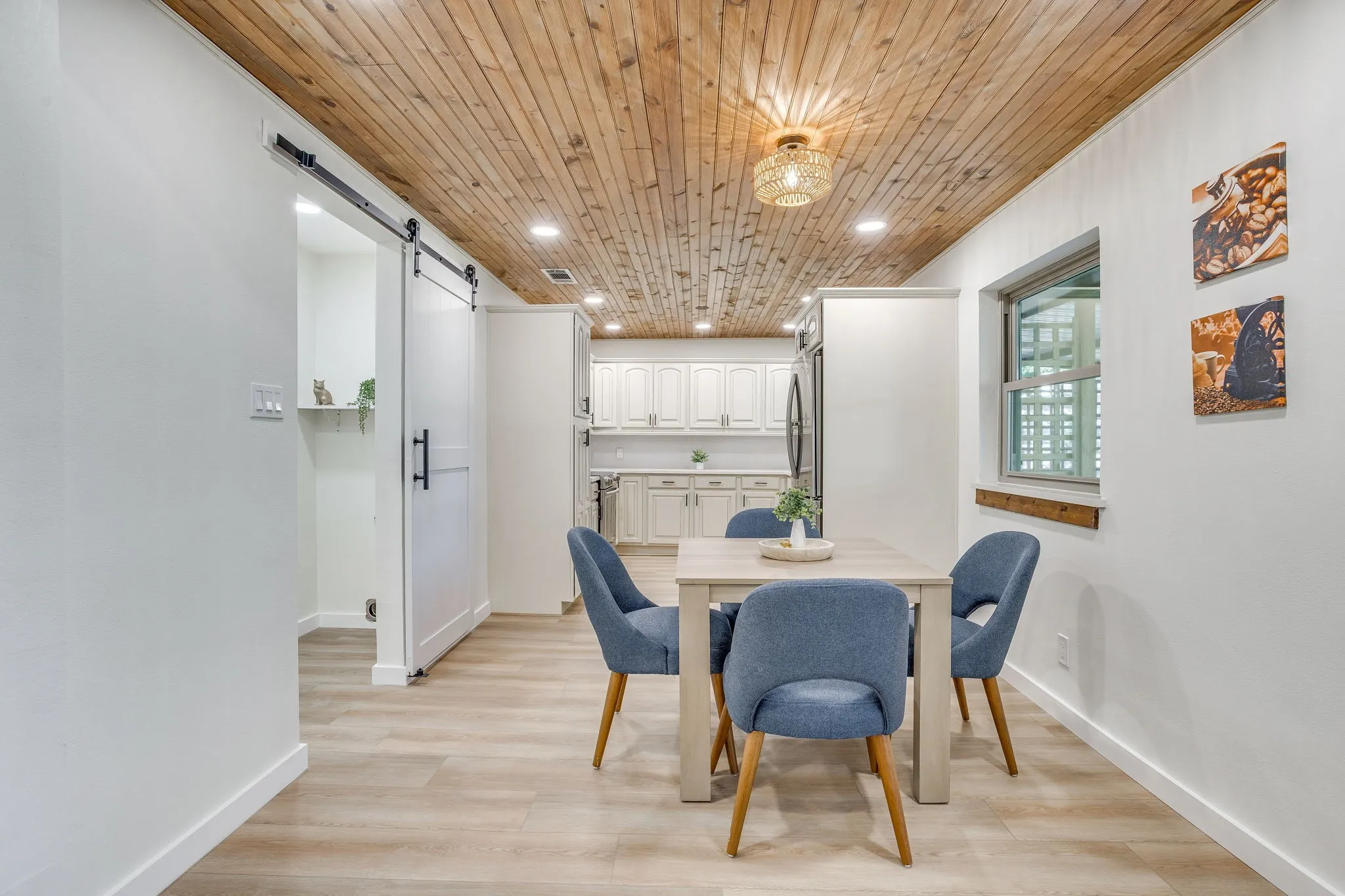 Wood-finish ceiling with recessed lighting