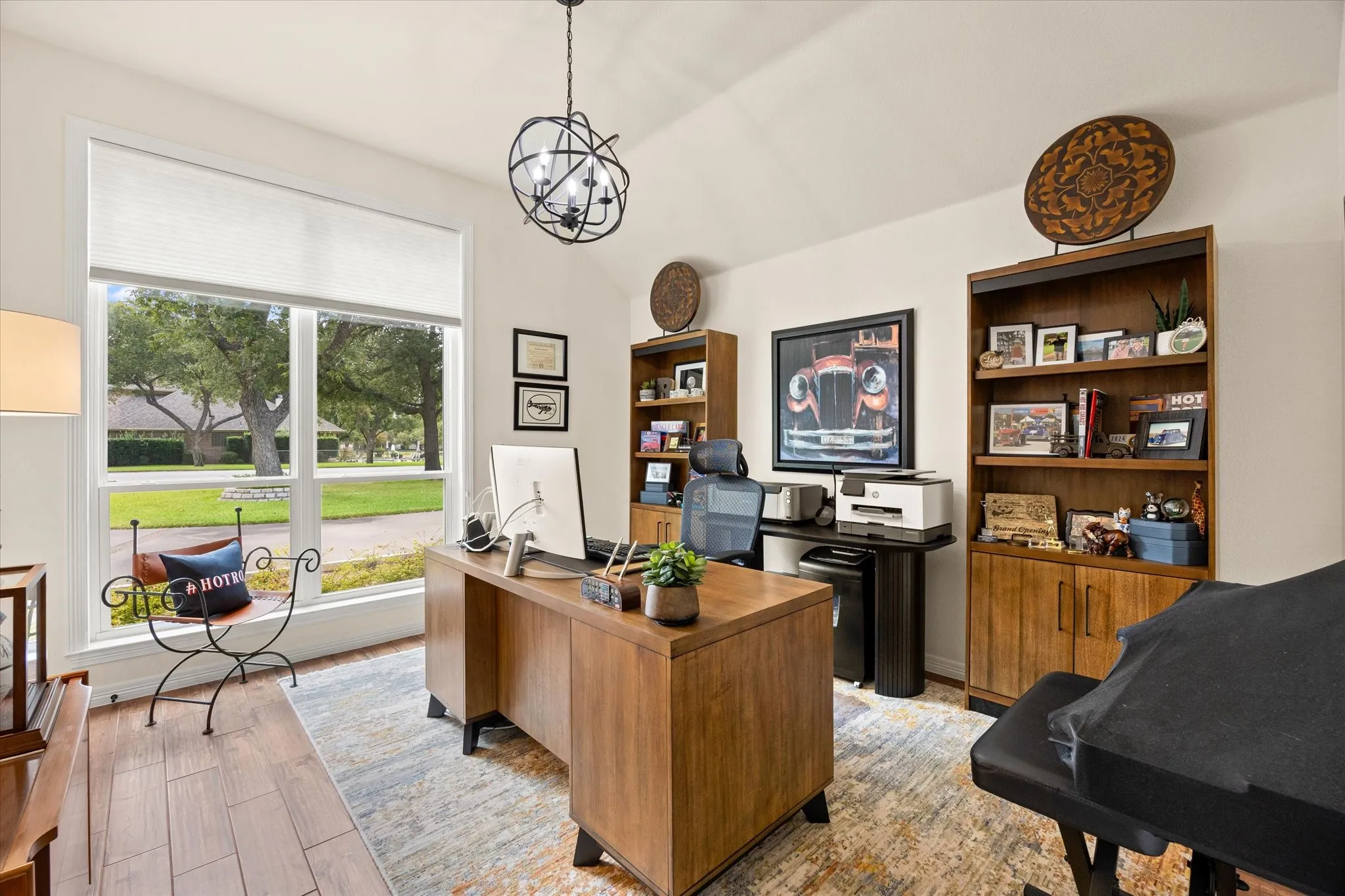 4TH Bedroom with Elevated Ceiling Currently Used as an Office, Wall of Windows Overlooking Treed Front Yard and Walk-in Closet