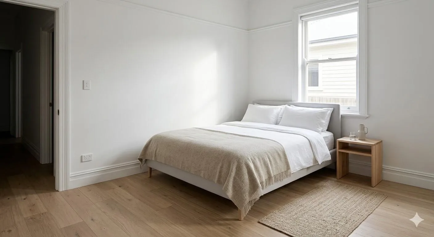 Light wood-finish flooring, white painted walls, white trim, and a white framed window