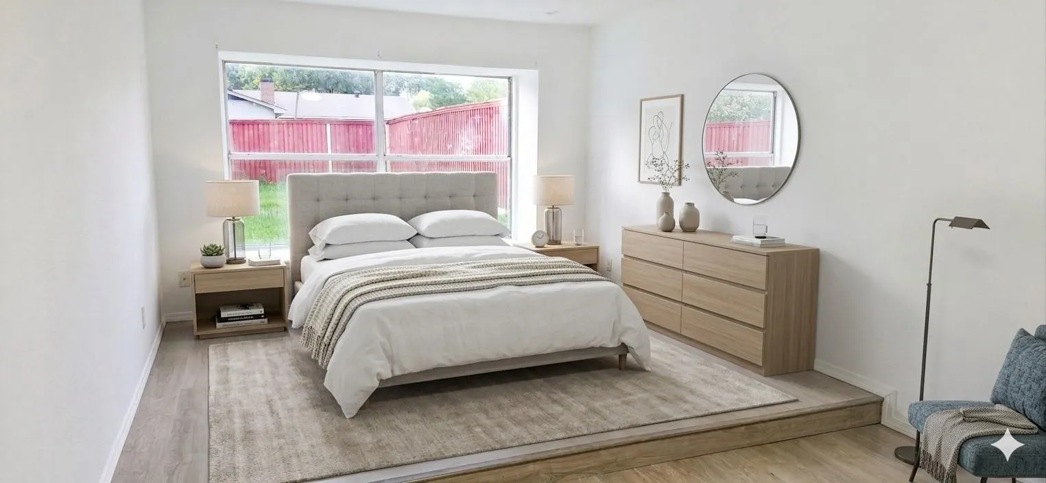 Large window with exterior views, wood-finish flooring, and a raised platform area