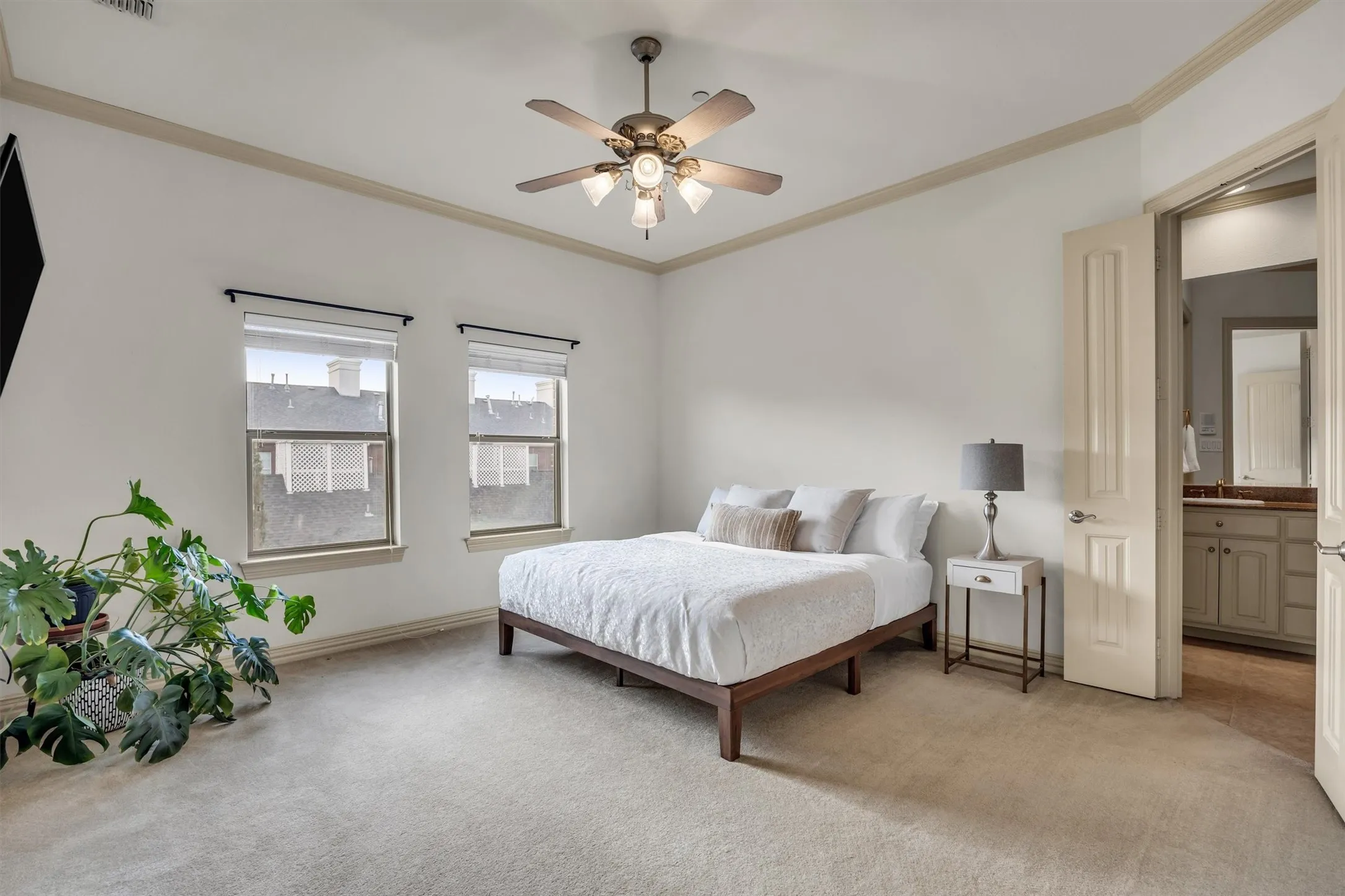 Recessed ceiling with crown molding, ceiling fan with integrated lighting, two windows with roller shades, carpet flooring, and an open doorway to a bathroom with a vanity