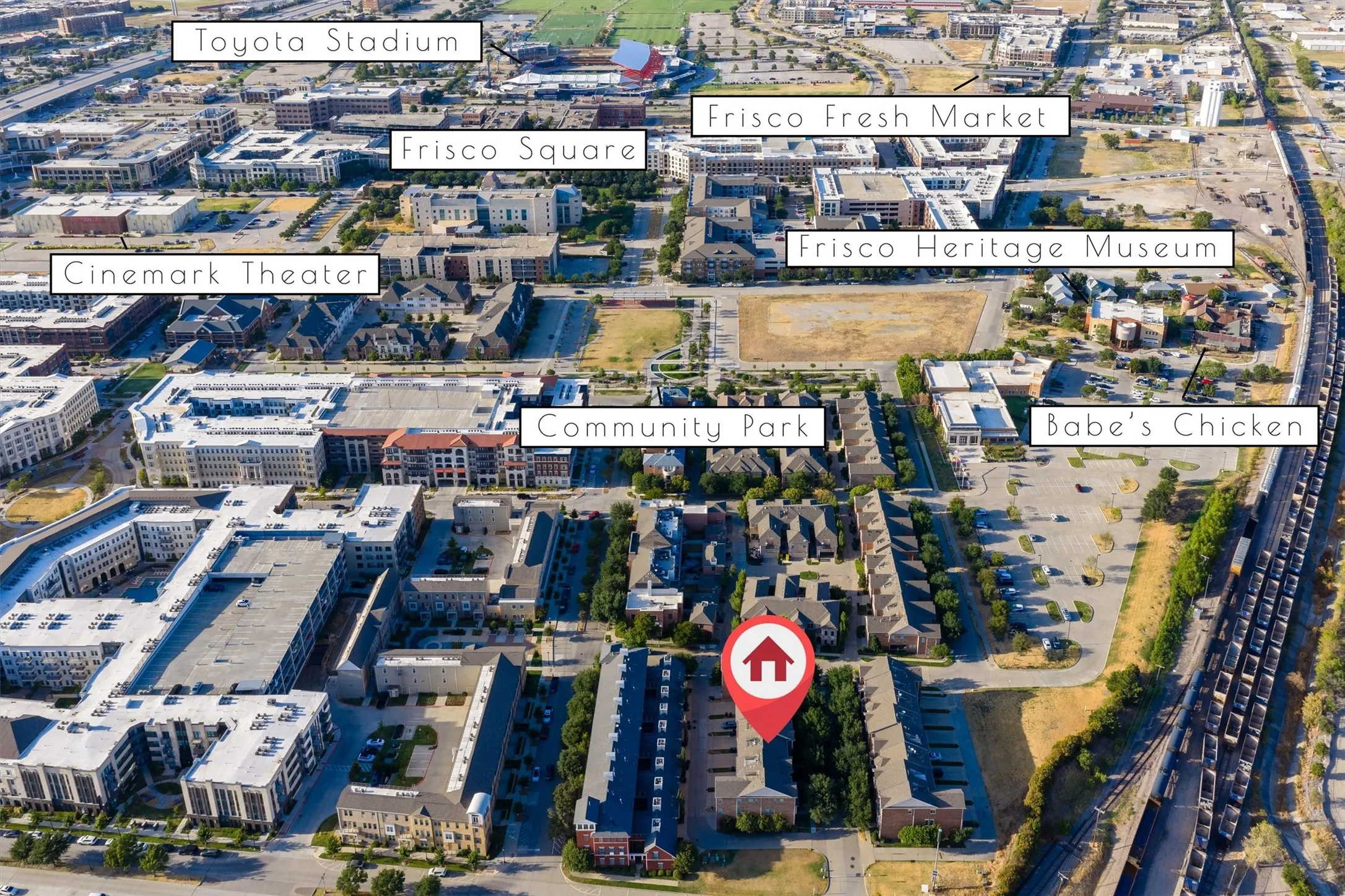 Aerial perspective showcasing proximity to Toyota Stadium, Frisco Square, Cinemark Theater, Frisco Fresh Market, and a community park