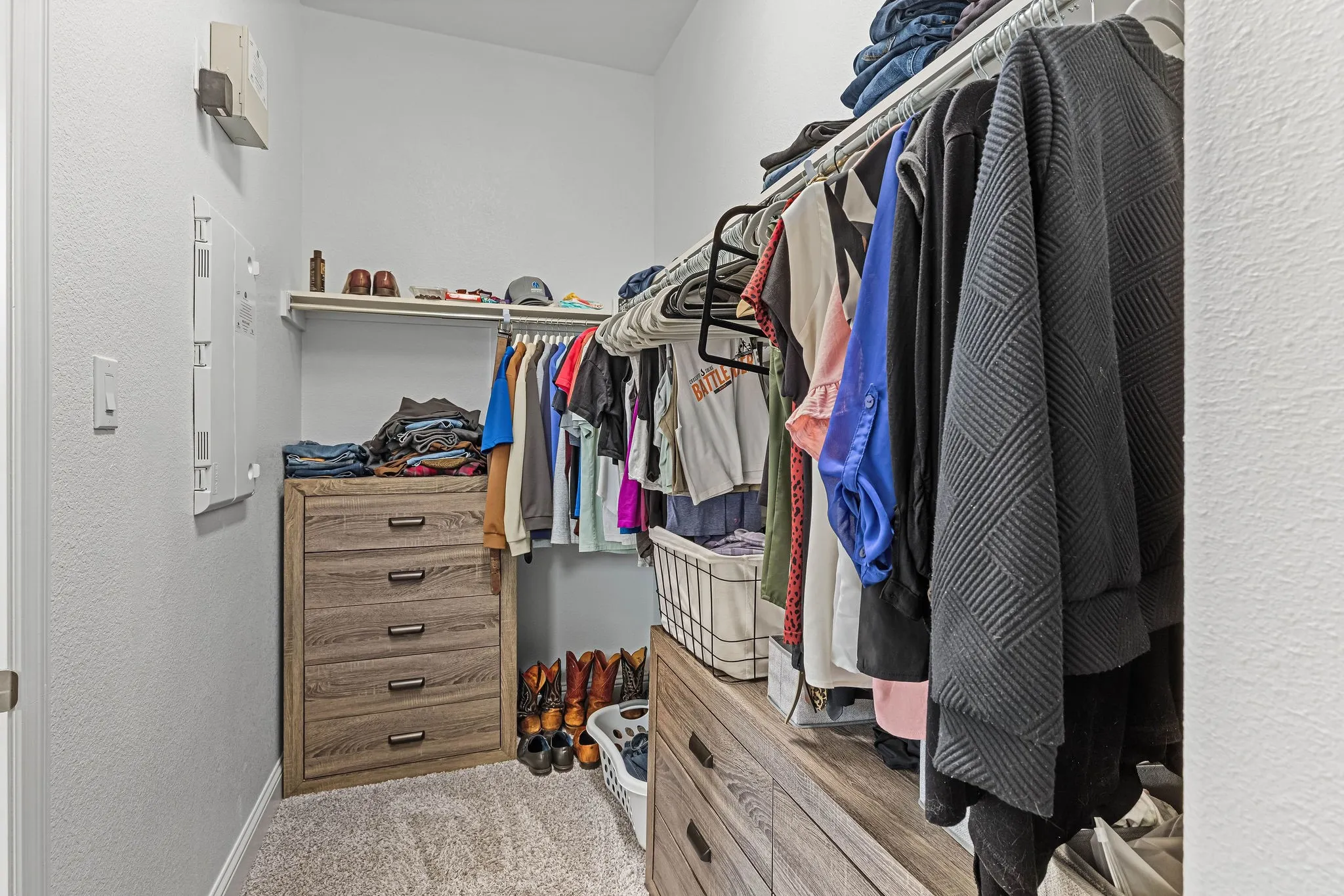 Built-in shelving, carpet flooring, and a neutral color palette