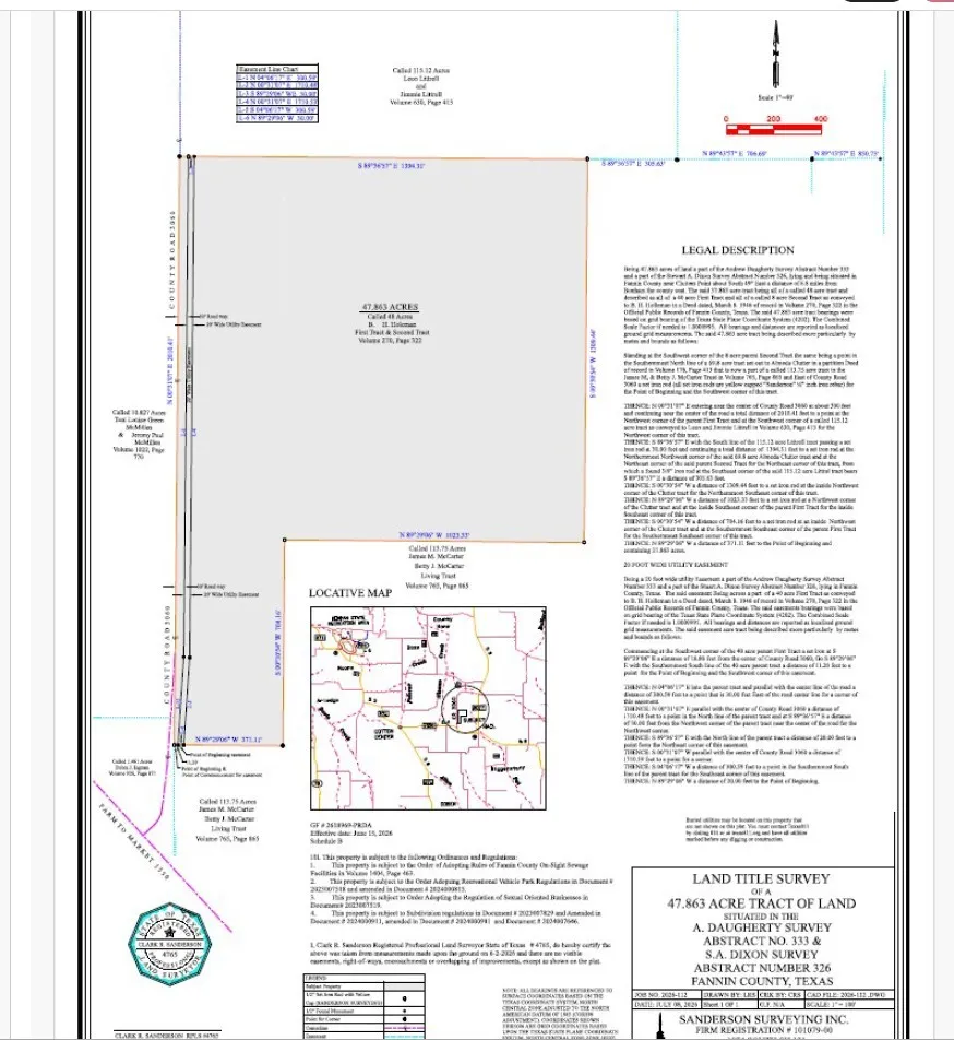 Land Title Survey. Detailing the legal description and boundary lines of the property