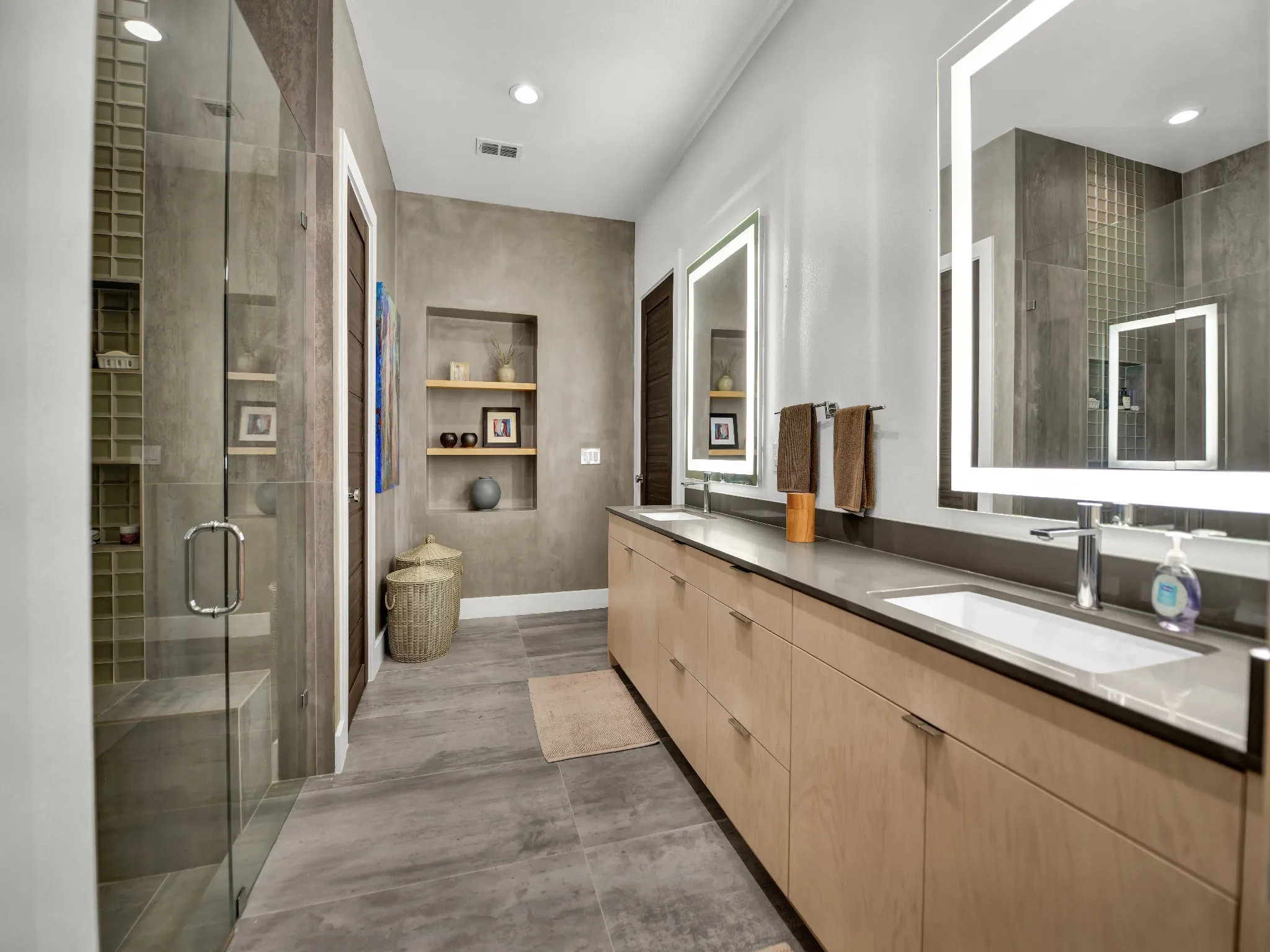 Primary bathroom with two walkin closets