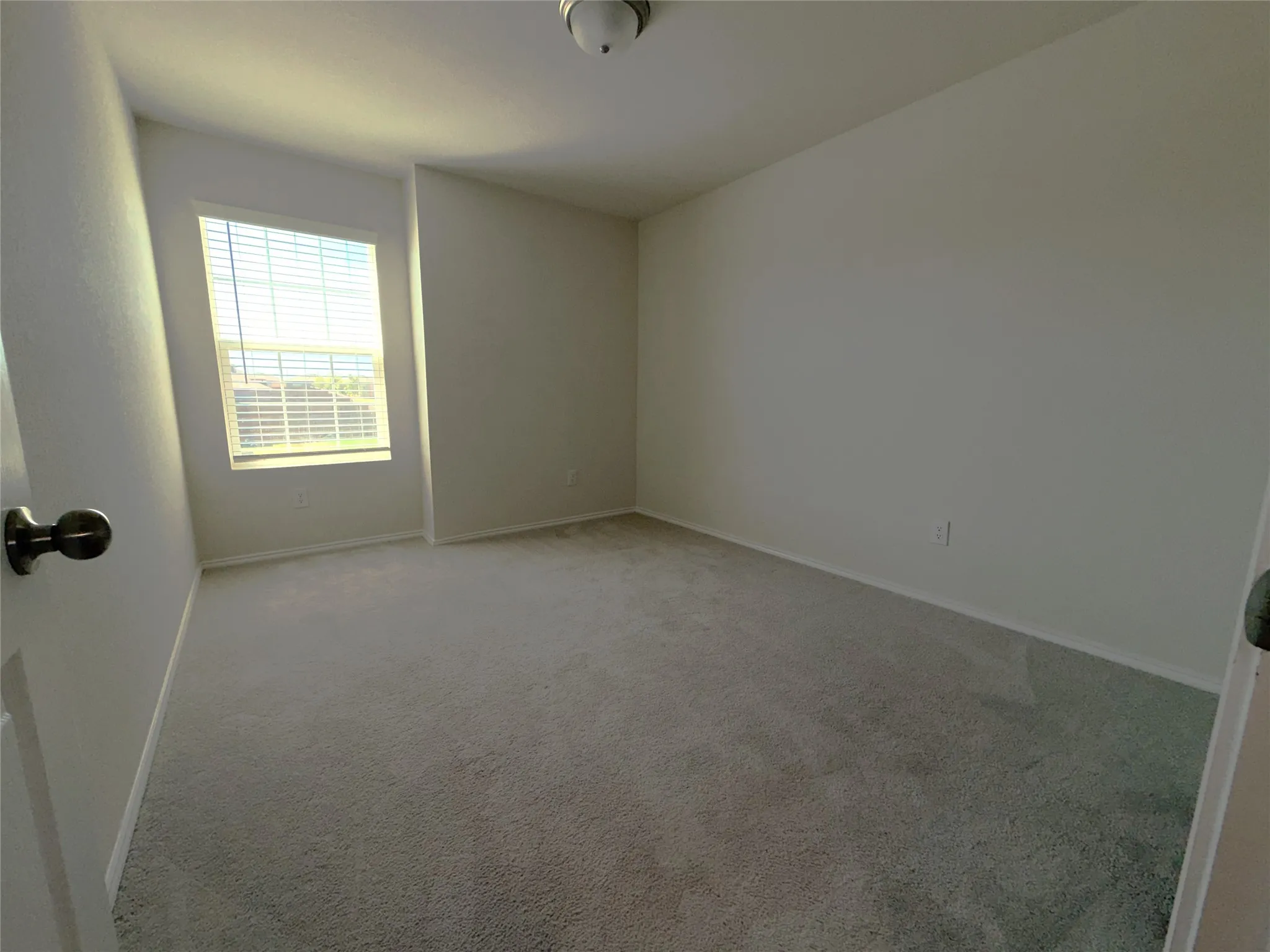 Bright, carpeted bedroom with natural light from a sliding glass door and transom window