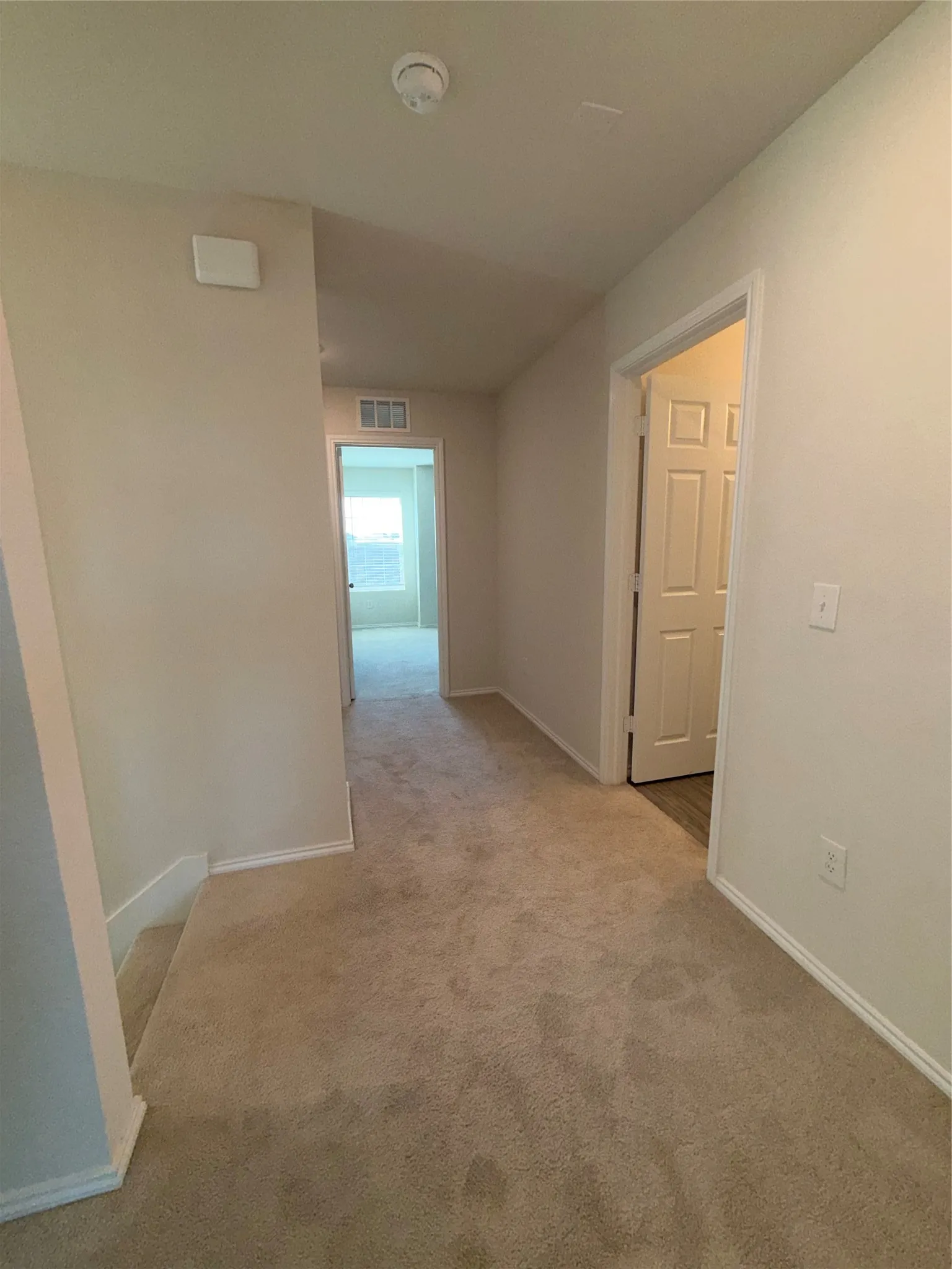 Carpeted hallway with light-colored walls and baseboards