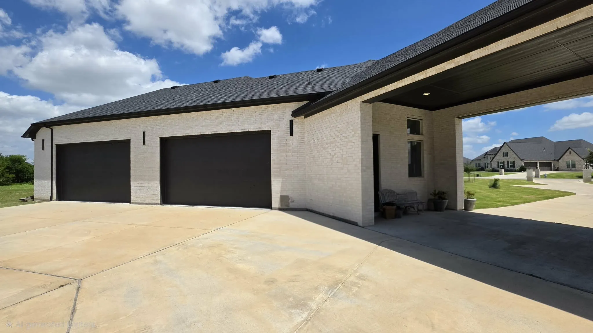 Two-car garage with dark paneled doors and a covered carport featuring recessed lighting